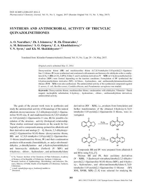 (PDF) Synthesis and Antimicrobial Activity of Tricyclic Quinazolinethiones