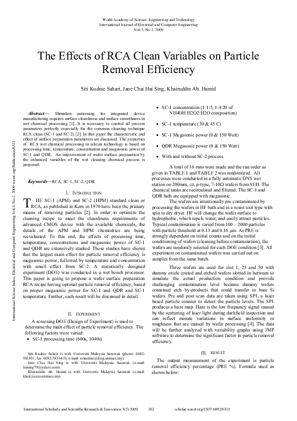 (PDF) The Effects of RCA Clean Variables on Particle Removal Efficiency