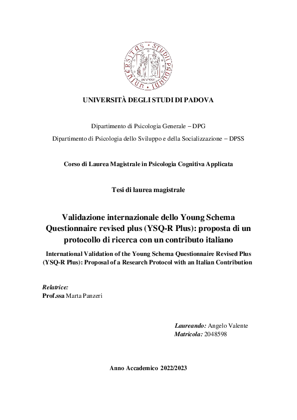 (PDF) Validazione internazionale dello Young Schema Questionnaire ...