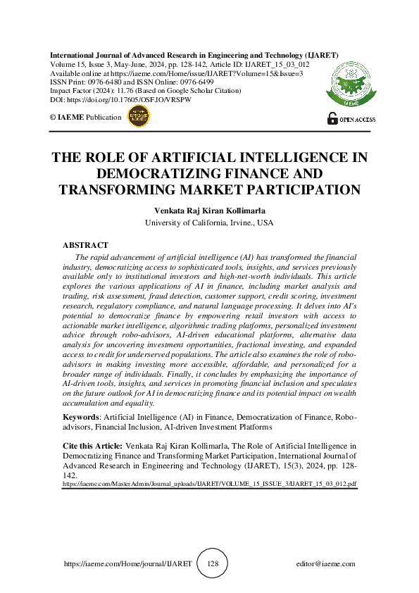 (PDF) THE ROLE OF ARTIFICIAL INTELLIGENCE IN DEMOCRATIZING FINANCE AND ...