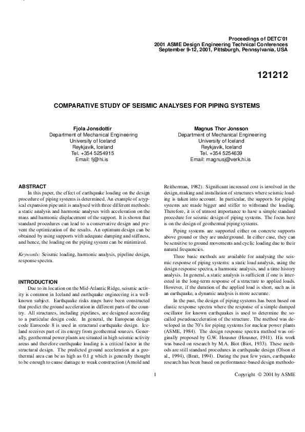 (PDF) Comparative Study of Seismic Analyses for Piping Systems