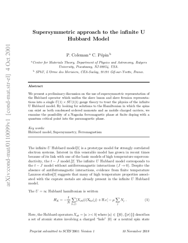 (PDF) Supersymmetric approach to the infinite U Hubbard model