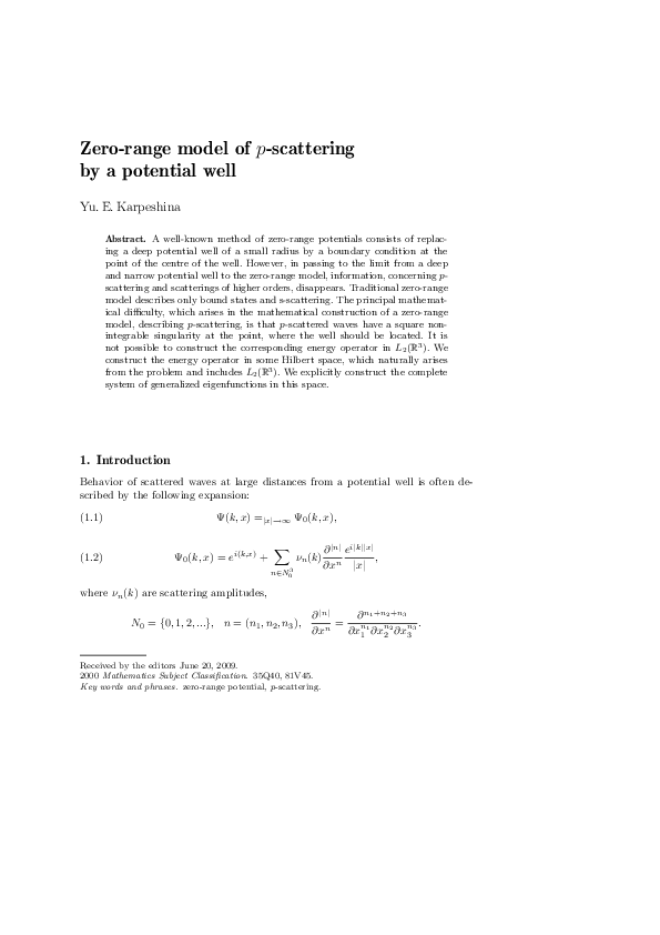 (PDF) Zero-range Model of p-scattering by a Potential Well