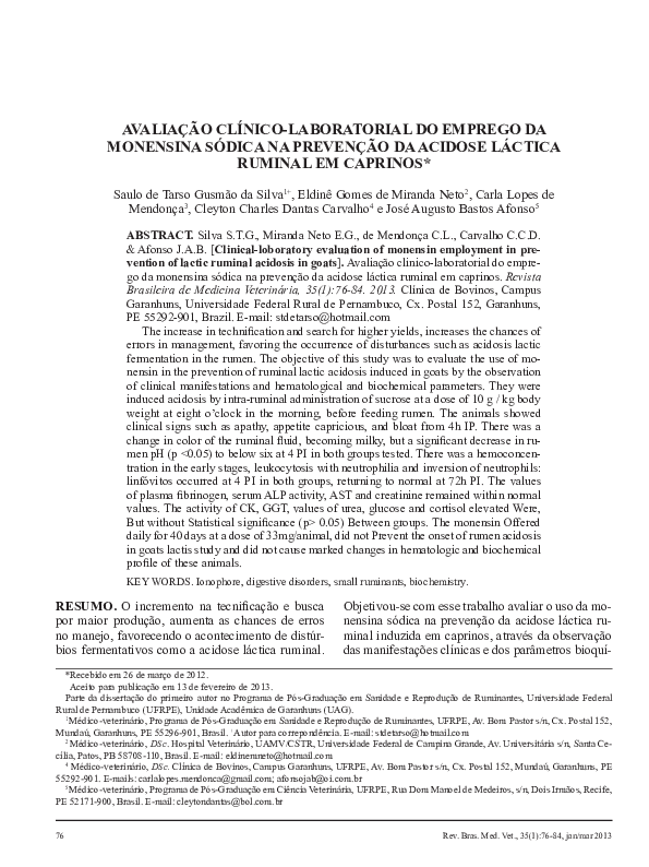 (PDF) Avaliação Clínico-Laboratorial Do Emprego Da Monensina Sódica Na ...