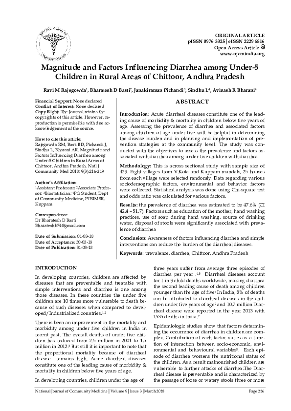 (PDF) Magnitude and Factors Influencing Diarrhea among Under-5 Children ...