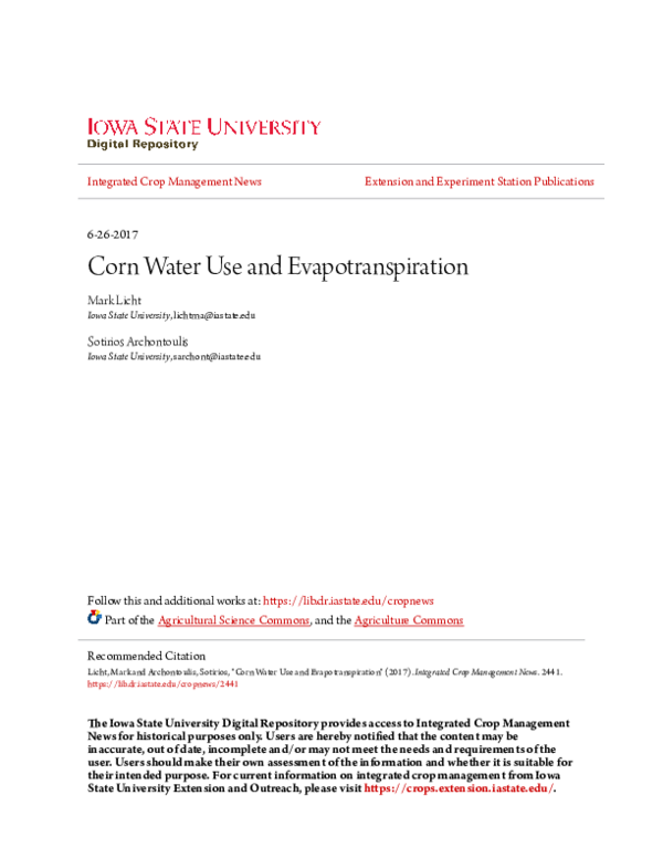 (PDF) Corn Water Use and Evapotranspiration
