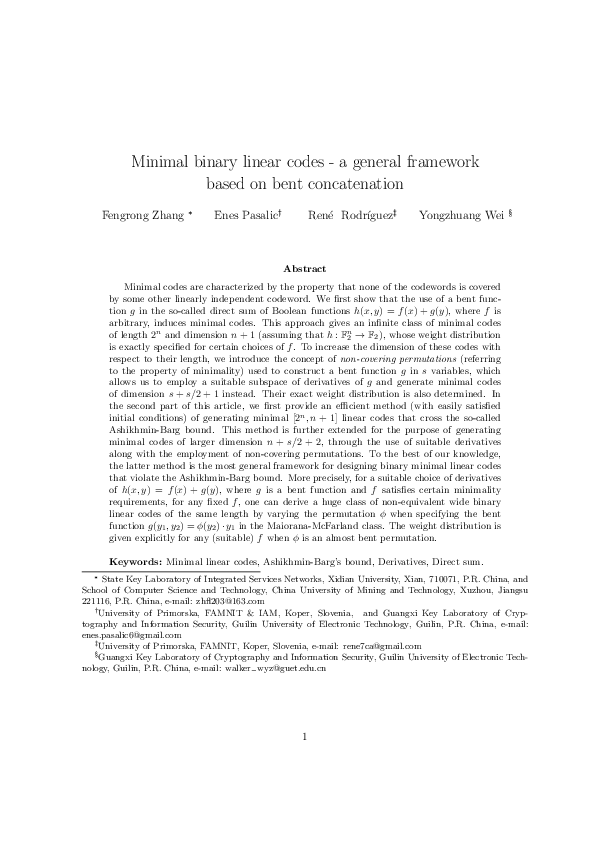 (PDF) Minimal binary linear codes: a general framework based on bent ...