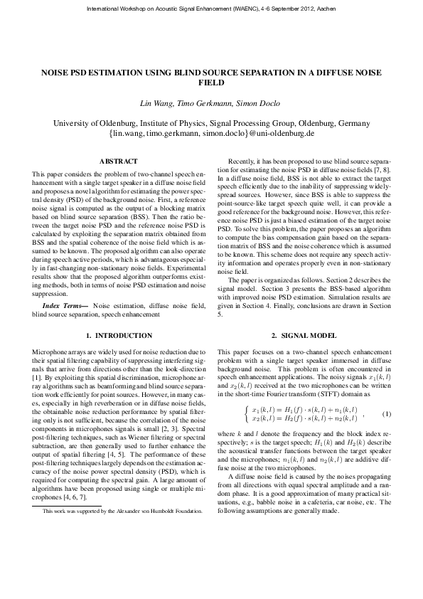 (PDF) Noise PSD Estimation Using Blind Source Separation in a Diffuse ...