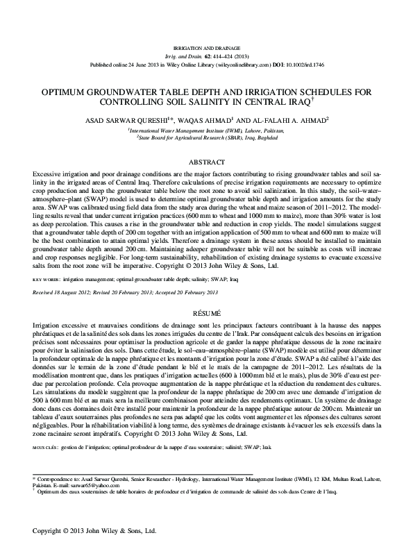 (PDF) Optimum Groundwater Table Depth and Irrigation Schedules for ...