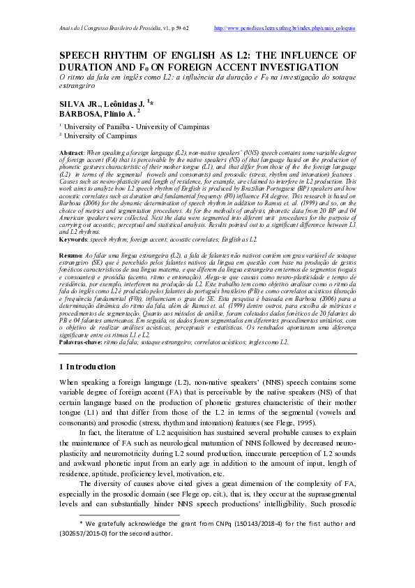 (PDF) Speech Rhythm of English as L2: The Influence of Duration and F0 ...