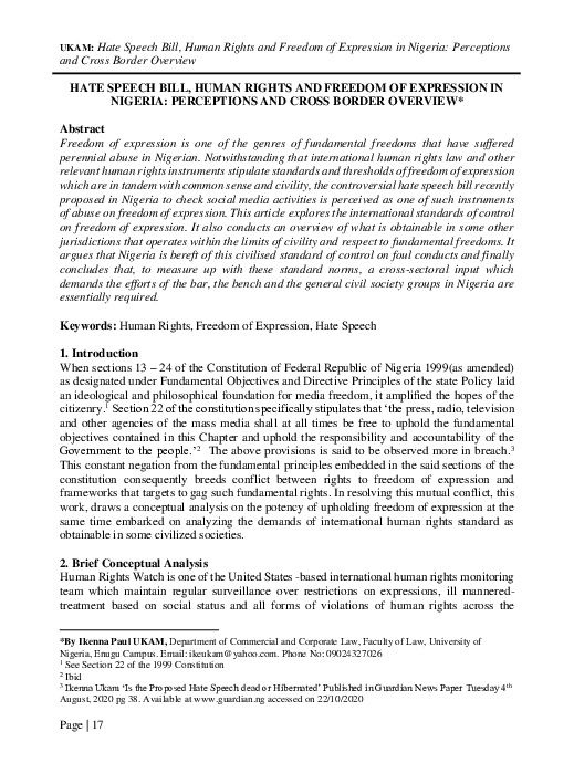 (PDF) Hate Speech Bill, Human Rights and Freedom of Expression in ...