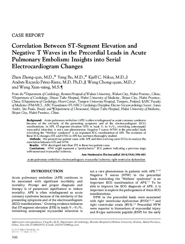 (PDF) Correlation Between ST-Segment Elevation and Negative T Waves in ...