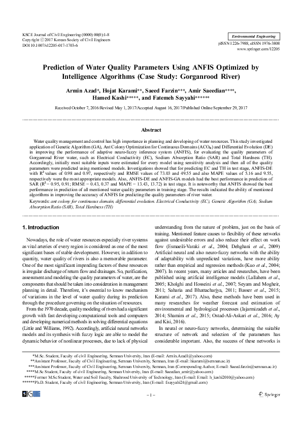 (PDF) Prediction of Water Quality Parameters Using Artificial ...