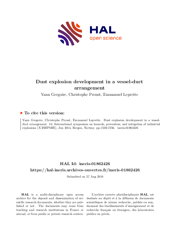 (PDF) Dust explosion development in a vessel-duct arrangement