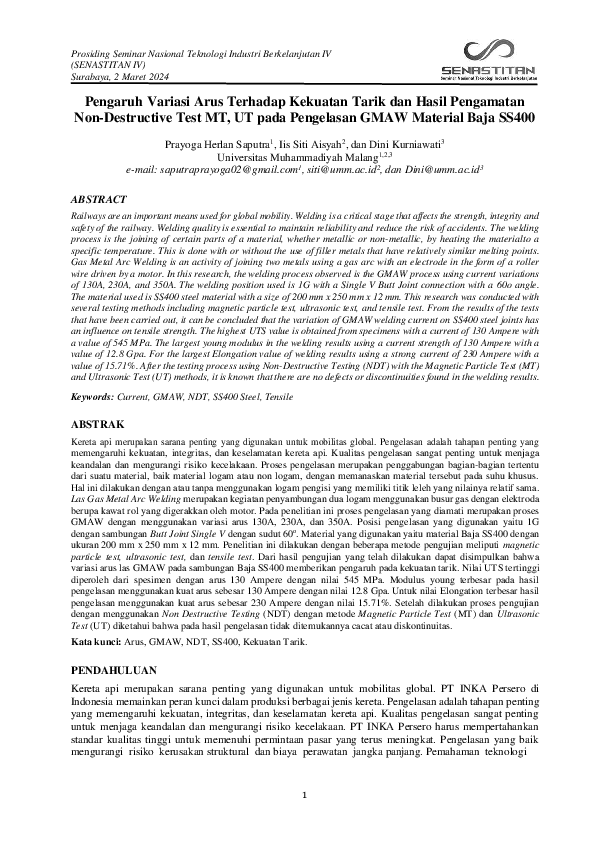 (PDF) Pengaruh Variasi Arus Terhadap Kekuatan Tarik dan Hasil ...