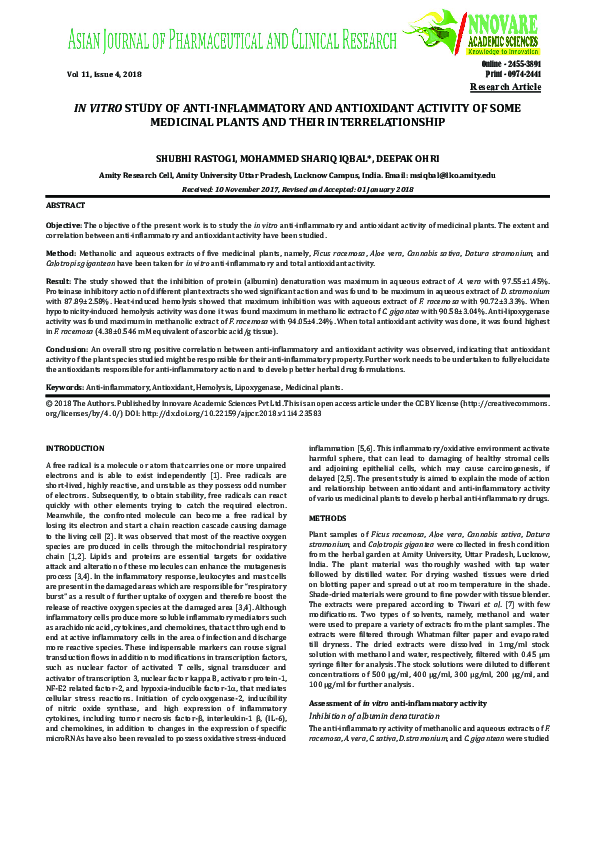 (PDF) In Vitro Study of Anti-Inflammatory and Antioxidant Activity of ...