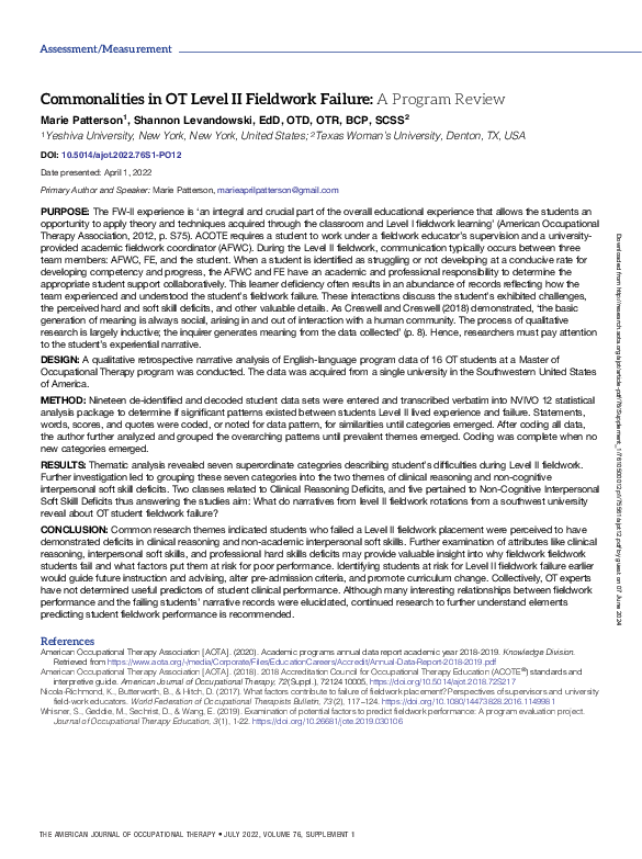 (PDF) Commonalities in OT Level II Fieldwork Failure: A Program Review