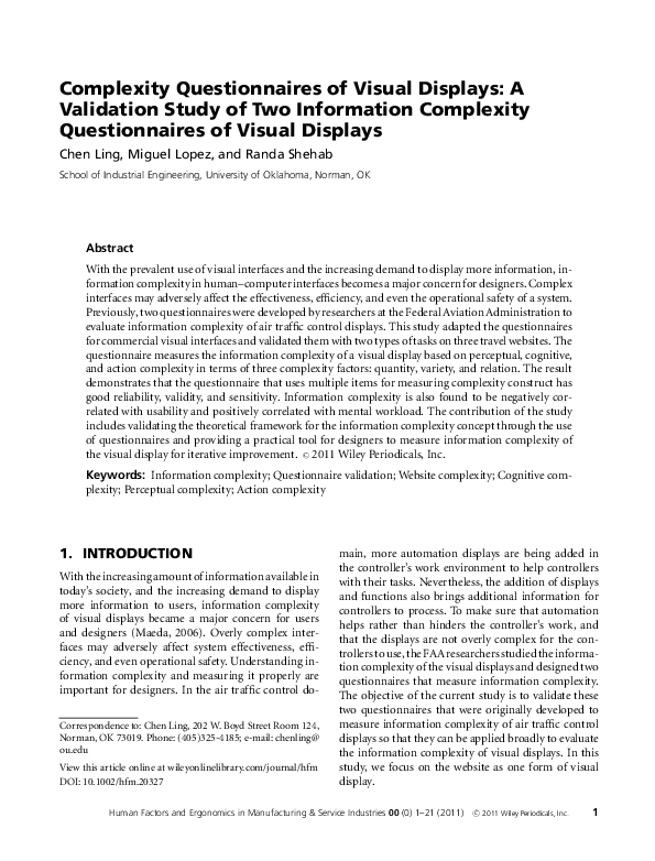 (PDF) Complexity Questionnaires of Visual Displays: A Validation Study ...