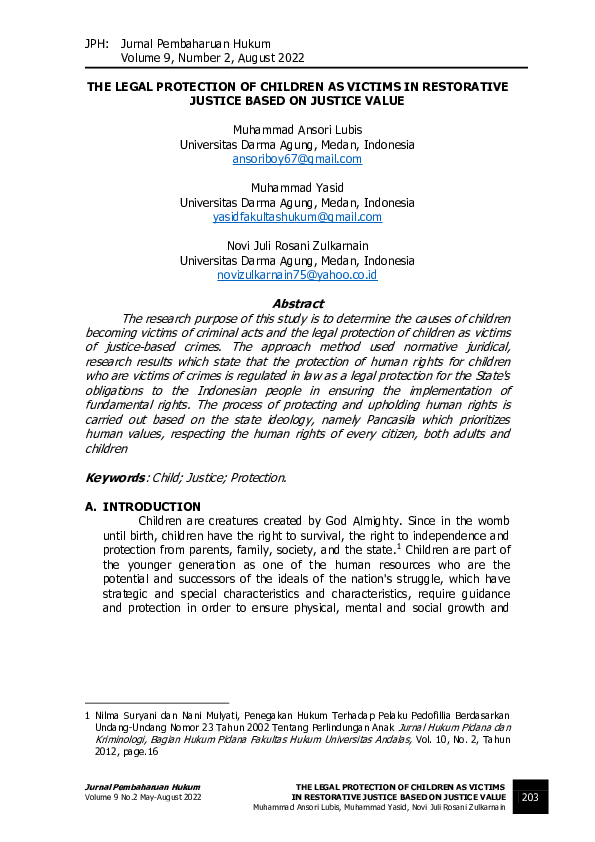 (PDF) Legal Protection of Children as Victims in Restorative Justice ...