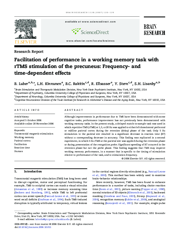 (PDF) Facilitation of performance in a working memory task with rTMS ...