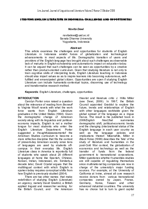 Pdf Studying English Literature In Indonesia Challenges And