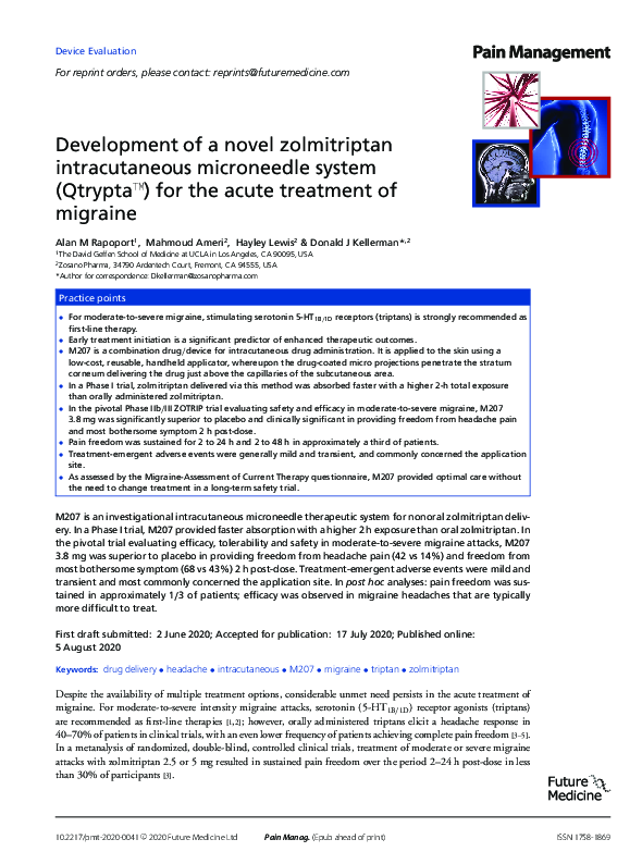 (PDF) Development of a novel zolmitriptan intracutaneous microneedle ...