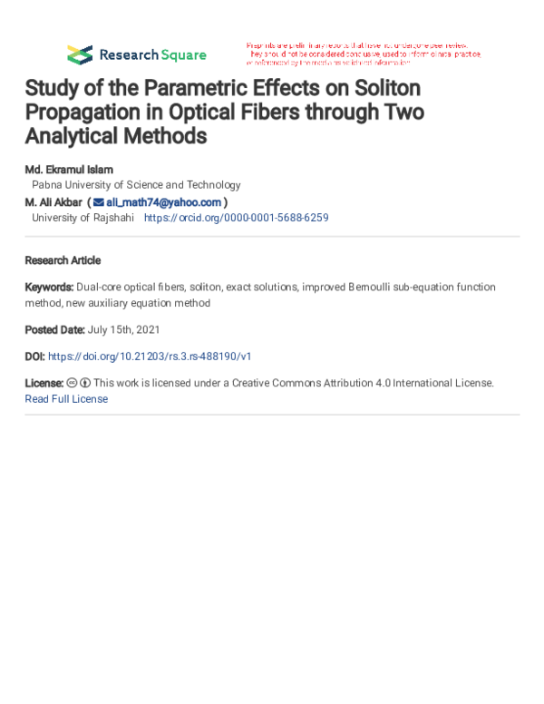 (PDF) Study of the parametric effects on soliton propagation in optical ...