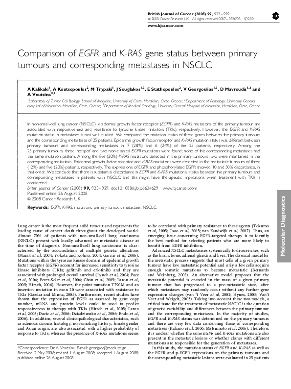(PDF) Comparison of EGFR and K-RAS gene status between primary tumours ...
