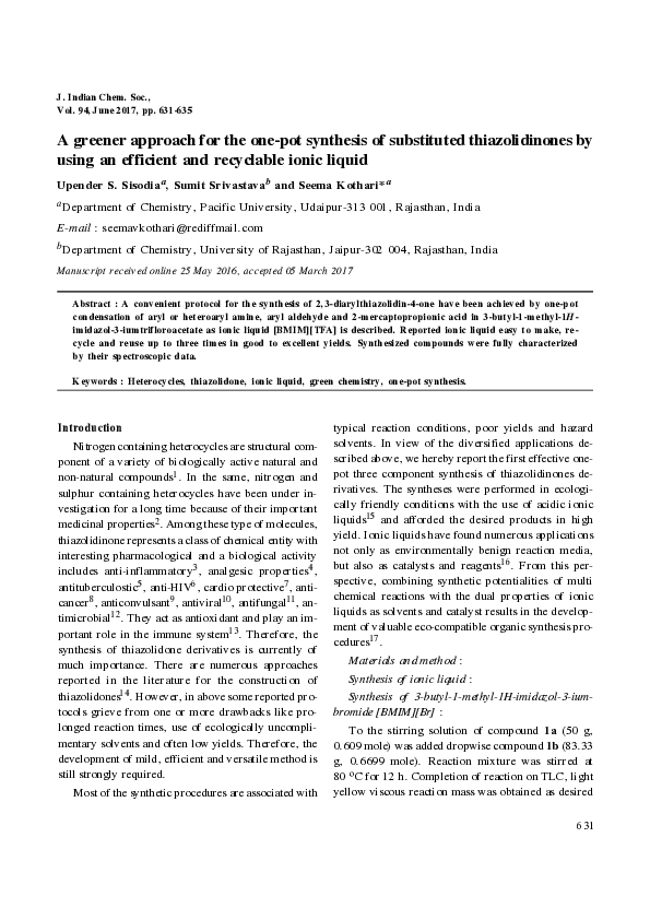 (PDF) A greener approach for the one-pot synthesis of substituted ...