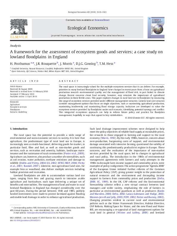 (PDF) A framework for the assessment of ecosystem goods and services; a ...