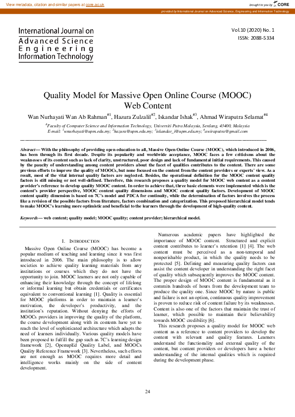 (PDF) Quality Model for Massive Open Online Course (MOOC) Web Content