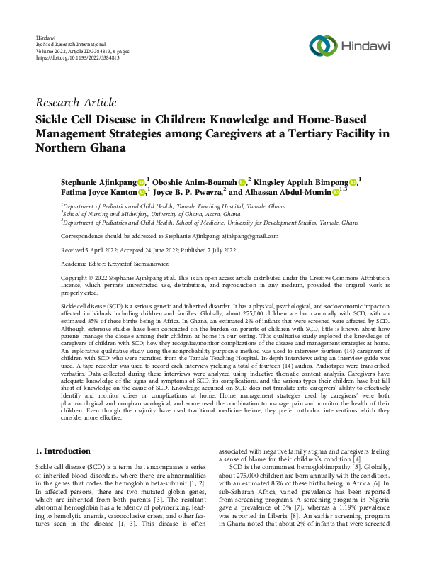 (PDF) Sickle Cell Disease in Children: Knowledge and Home-Based ...