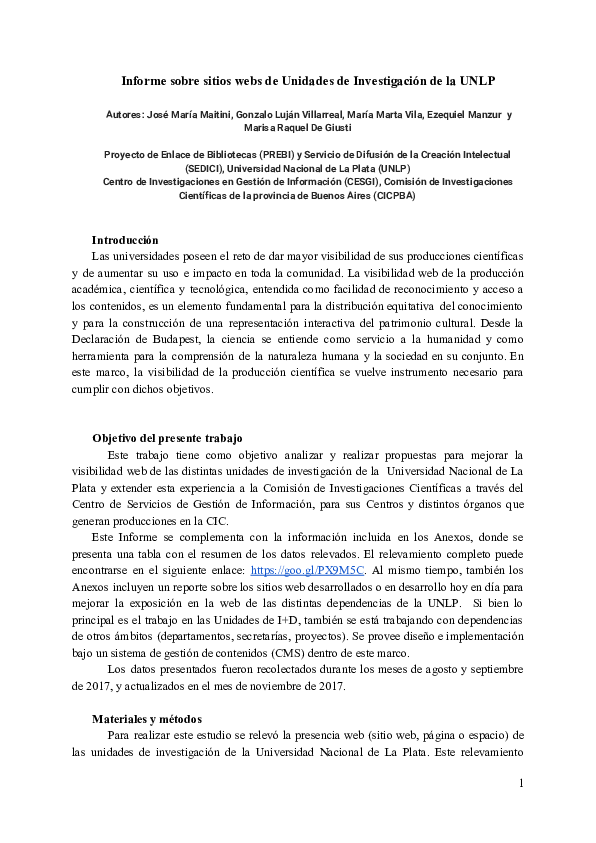 (PDF) Informe sobre sitios webs de Unidades de Investigación de la UNLP