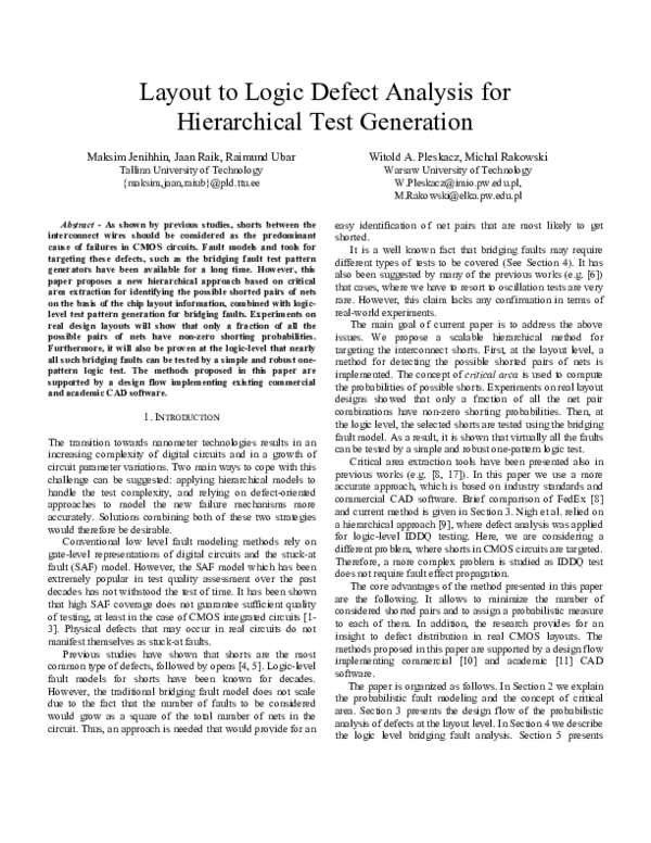 (PDF) Layout to Logic Defect Analysis for Hierarchical Test Generation