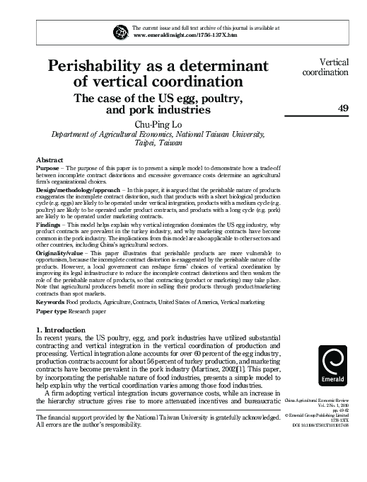 (PDF) Perishability as a determinant of vertical coordination