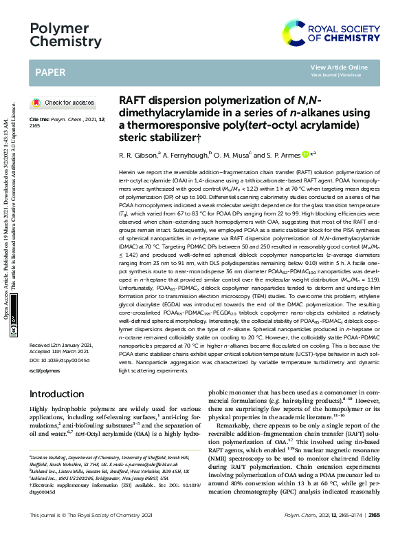(PDF) RAFT dispersion polymerization of N , N -dimethylacrylamide in a ...