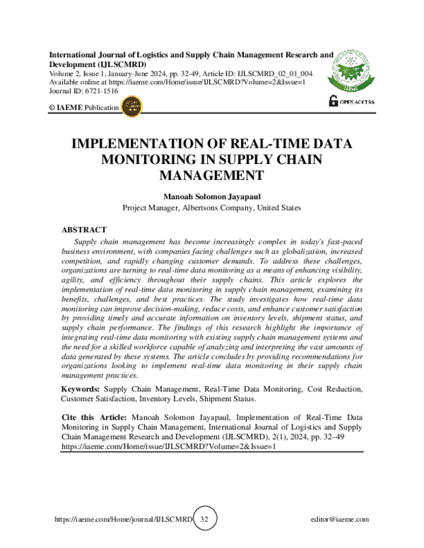 (PDF) IMPLEMENTATION OF REAL-TIME DATA MONITORING IN SUPPLY CHAIN ...