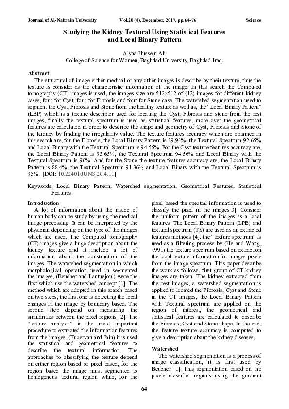 (PDF) Studying the Kidney Textural Using Statistical Features and Local ...