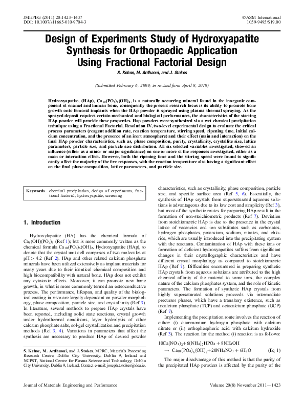(PDF) Design of Experiments Study of Hydroxyapatite Synthesis for ...
