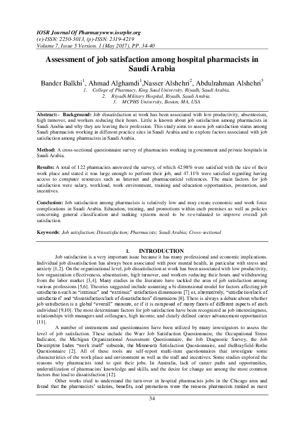 (PDF) Assessment of job satisfaction among hospital pharmacists in ...