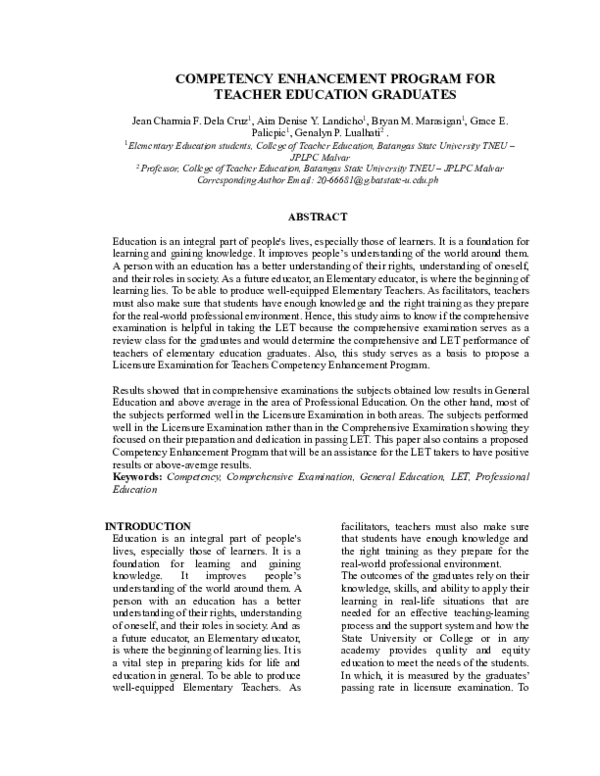 (PDF) COMPETENCY ENHANCEMENT PROGRAM FOR TEACHER EDUCATION GRADUATES