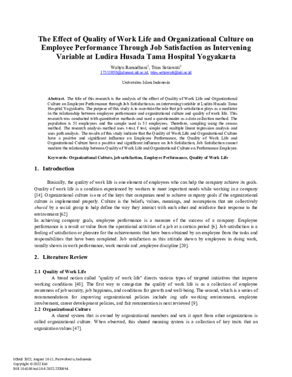 (PDF) The Effect Of Quality Of Work Life and Organizational Culture On ...