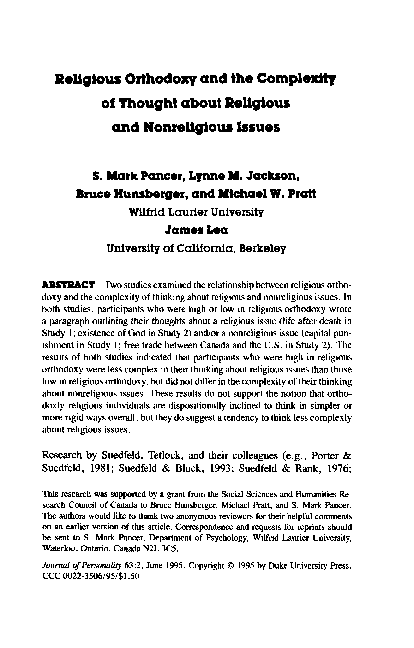 (PDF) Religious Orthodoxy and the Complexity of Thought about Religious ...