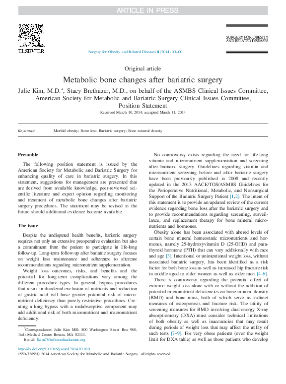 (PDF) Metabolic bone changes after bariatric surgery