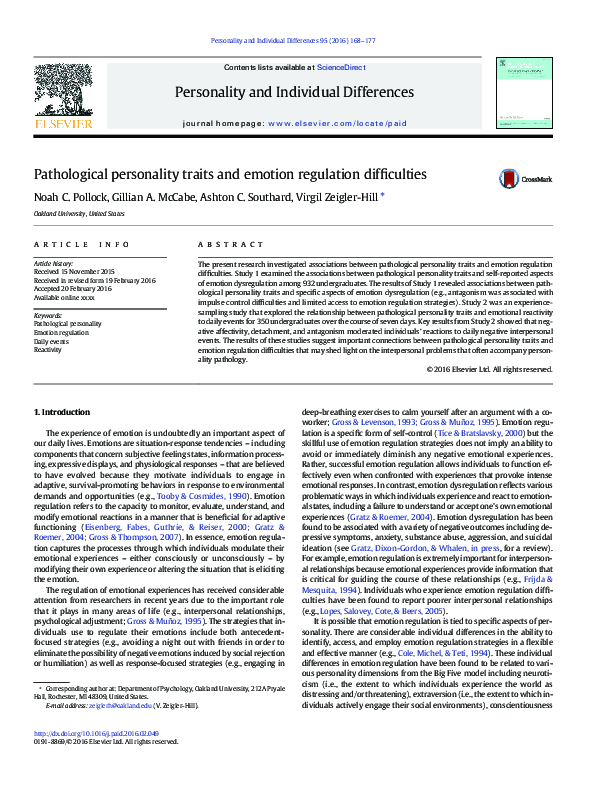 (PDF) Pathological personality traits and emotion regulation difficulties