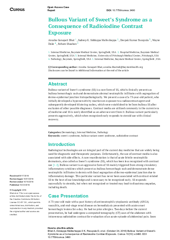 (PDF) Bullous Variant of Sweet’s Syndrome as a Consequence of ...