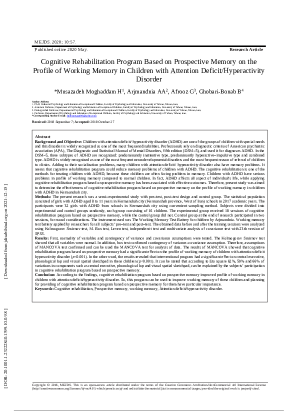(PDF) Cognitive Rehabilitation Program Based on Prospective Memory on ...