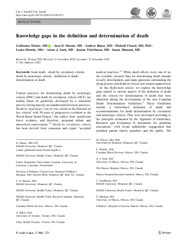 (PDF) Knowledge gaps in the definition and determination of death