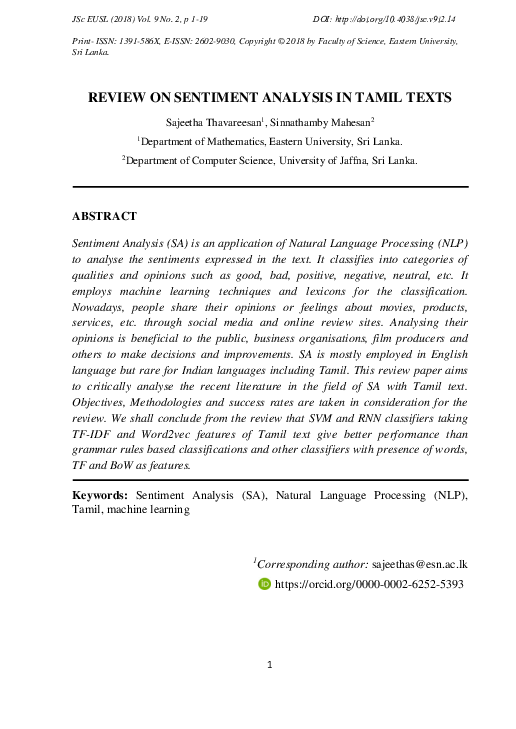 (PDF) Review on sentiment analysis in Tamil texts