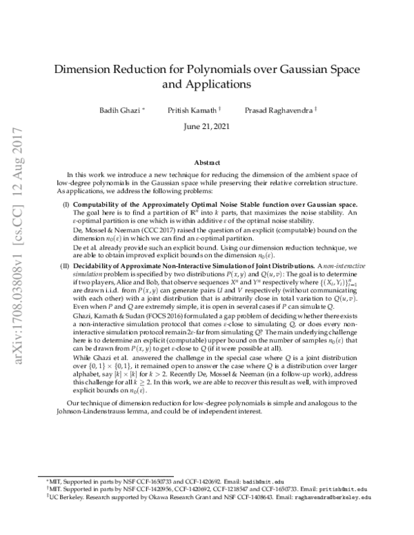 (PDF) Dimension Reduction for Polynomials over Gaussian Space and ...